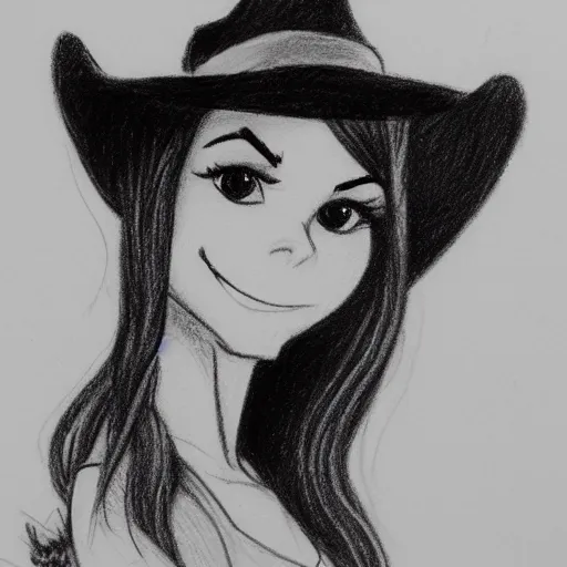 Image similar to milt kahl pencil sketch of victoria justice with a cowboy hat