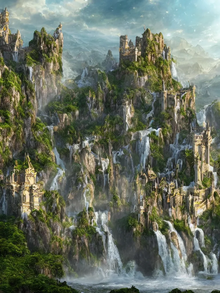 Image similar to a beautiful fantasy landscape of a large majestic castle adorned with gold linings and white marble walls from DND with lots of towers bridges and levels on top of a lush cliff with a huge waterfalls in the middle, ruins of structures at the bottom, afternoon light streaking with god rays, Dungeons and Dragons Castle, ornate, detailed, octane render, 8k, trending on artstation deviantart google images, pinterest, canon 35mm lens