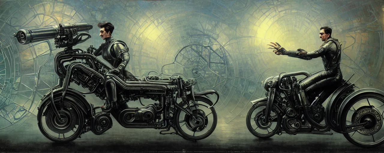 Image similar to nikola tesla riding a futuristic motorbike designed by h. r. giger, rule of thirds, uhd 8 k, high detail, masterpiece, cinematic, bokeh, hyperdetailed, photorealistic, hyperrealism, intricate, by stanley artgerm lau, greg rutkowski, thomas kindkade, alphonse mucha, loish, norman rockwell