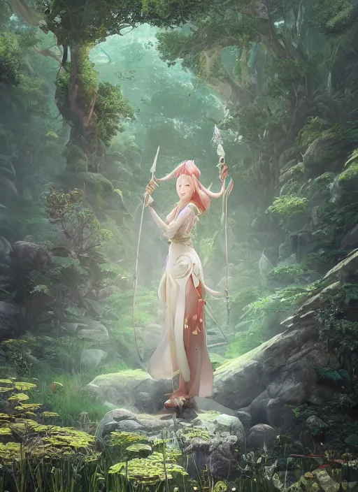 Image similar to breathtaking portrait of fantasy sorceress bright temple surrounded by lush forest meadow, by Hsiao-Ron Cheng and James jean and Miho Hirano and Hayao Miyazaki, octane render, RPG portrait, ambient light, dynamic lighting