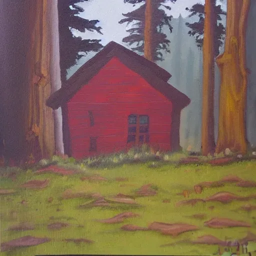 Image similar to a painting of a Eerie cabin in the middle of the woods in the style of Jackson Polluck