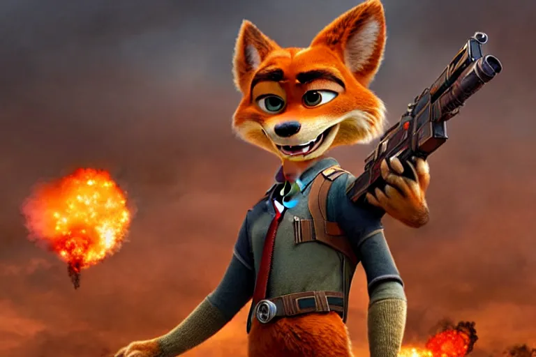 Image similar to nick wilde ( from zootopia ), heavily armed and armored facing down armageddon in a dark and gritty reboot from the makers of mad max : fury road