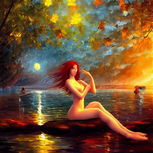 Prompt: redhead beautiful girl bathing in a river, night, moonlight, plus ultra cryengine render by android jones, james christensen, rob gonsalves, leonid afremov and tim white