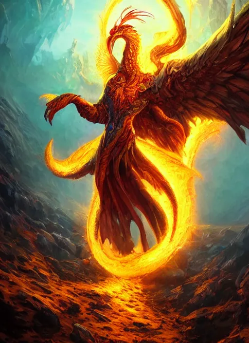Image similar to omnipotent phoenix, dndbeyond, bright, colourful, realistic, dnd character portrait, full body, pathfinder, pinterest, art by ralph horsley, dnd, rpg, lotr game design fanart by concept art, behance hd, artstation, deviantart, global illumination radiating a glowing aura global illumination ray tracing hdr render in unreal engine 5