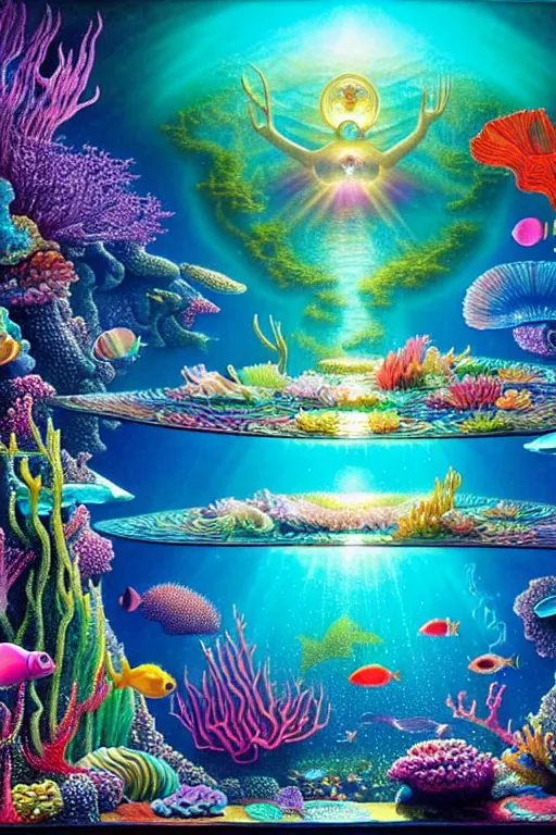 Prompt: a photorealistic detailed image of a beautiful vibrant iridescent underwater seascape of full of colorful aquatic plants and hidden cities, spiritual science, divinity, utopian, by david a. hardy, hana yata, kinkade, lisa frank,