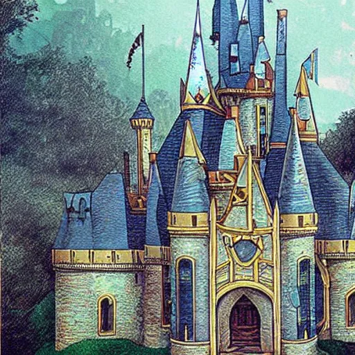 Image similar to a fantasy castle designed by Hugh Ferris