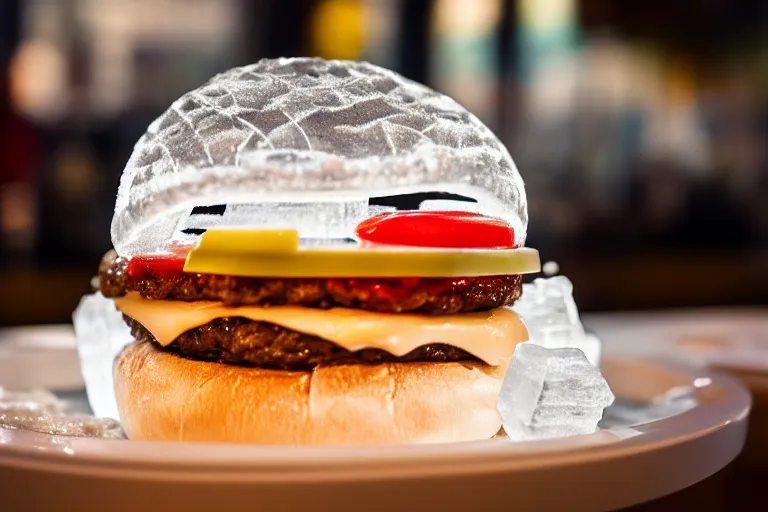 Image similar to a clear ice sculpture of a burger made entirely of ice, 4 k