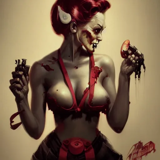 Prompt: pinup zombie from doom eternal, painted by stanley lau and gil elvgren, painted by greg rutkowski, painted by stanley, artgerm, masterpiece, digital art, trending on arts