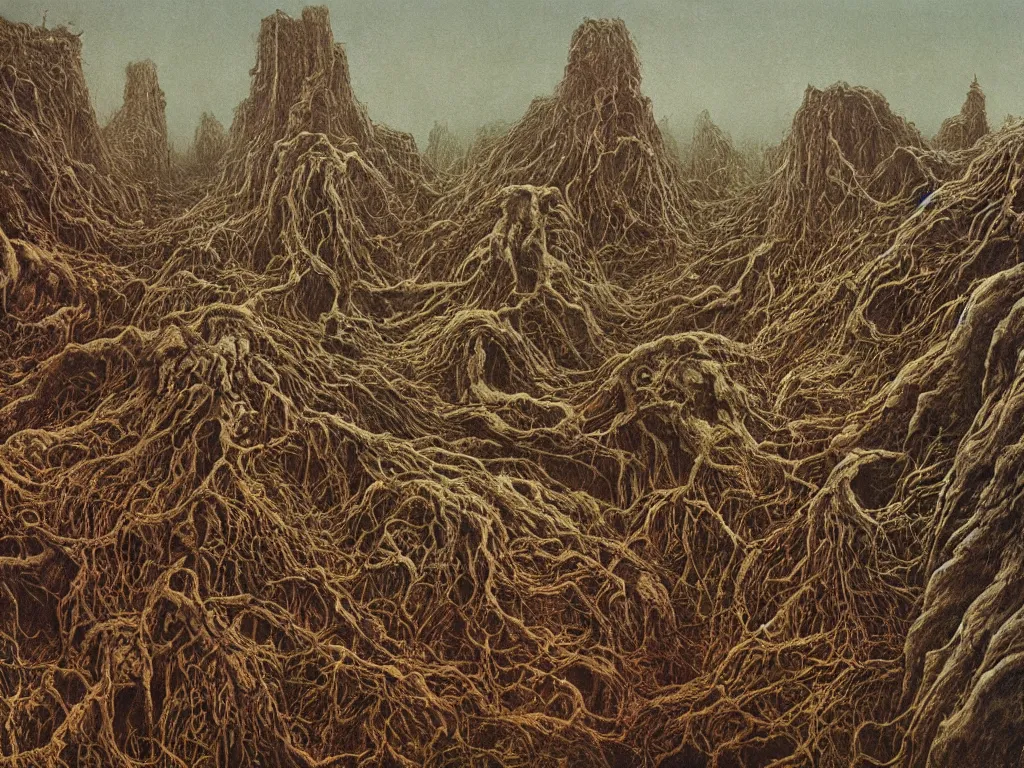 Image similar to landscape by H.R. Giger, Zdzislaw Beksinski, Todd McFarlane