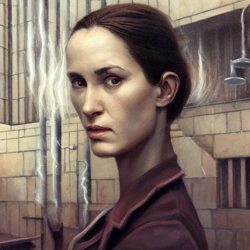 Image similar to detailed face of an intelligent clothed woman with kind eyes in a architectonic courtyard with whisps of smoke at a science expo, atmospheric, ambient, pj crook, syd mead, livia prima, artgerm, greg rutkowski, nick alm, casey baugh