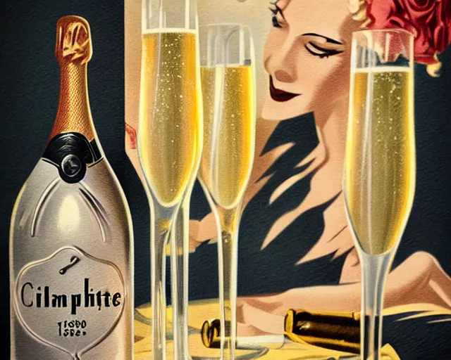 Image similar to 1 9 3 0 s champagne commercial, realistic, artstation, illustration, bright, cheerful, detailed and intricate environment