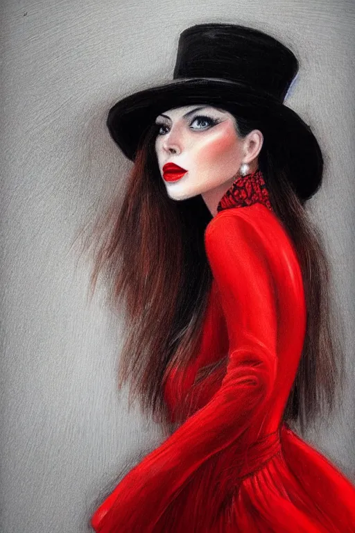 Prompt: elegant long hair lady wearing red dress and tophat, close up portrait, realistic detailed painting, dark background, noir, mysterious