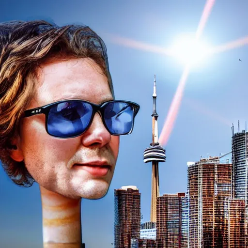 Image similar to Toronto tourist guide with planet mars as a head, dramatic cinematic lighting, Toronto landmarks background