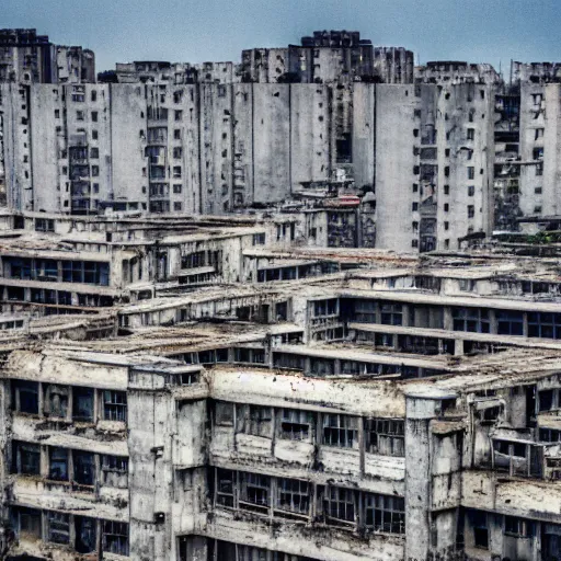 Image similar to brutalist city, prison city, totalitarian prison island, hashima island, rundown buildings, military buildings, prison complex, colorized 3 5 mm photo