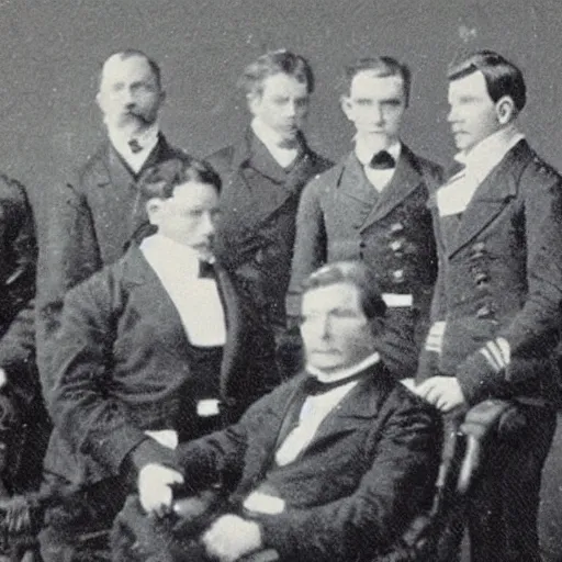 Prompt: grainy 1800s photo of human government officials surrending to cybernetic military officers