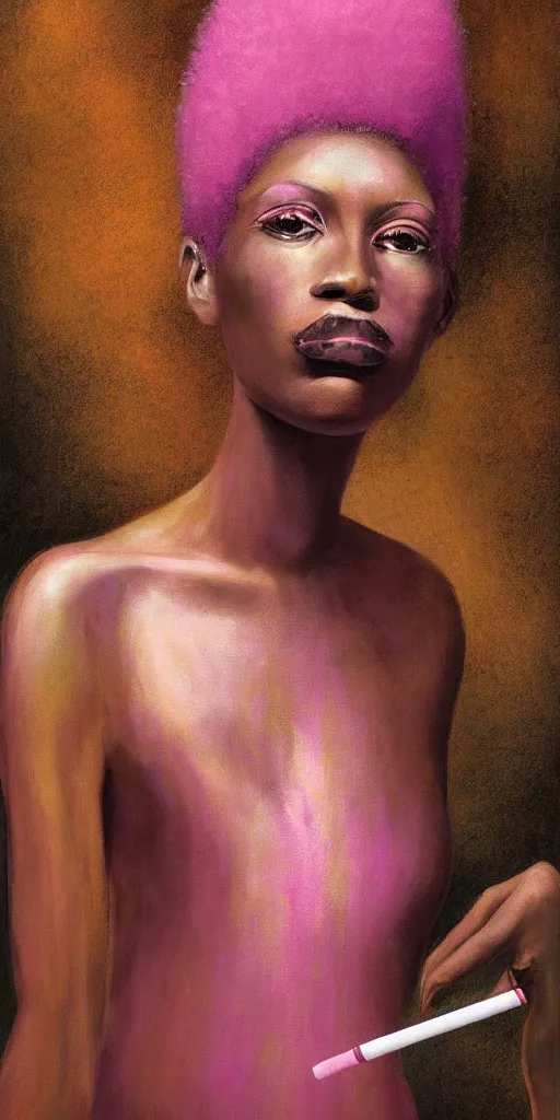 Prompt: A beautiful tall black woman with dark skin and a pink afro, looking at you from across the bar, holding a lit cigarette, digital art, oil painting, clean lines, drawn by H.R Giger