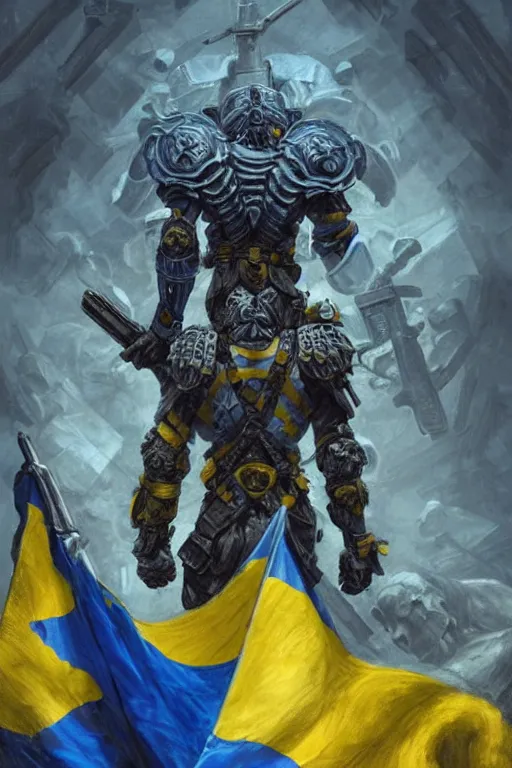 Prompt: a distant shot from behind of a Ukrainian super soldier with blue and yellow flag behind him standing alone on a huge pile of skulls as a winner, masculine muscular figure, D&D, fantasy, intricate, elegant, highly detailed, extremely detailed, digital painting, artstation, concept art, matte, smooth, sharp focus, symmetrical, illustration, art by Artgerm and Greg Rutkowski and Alphonse Mucha
