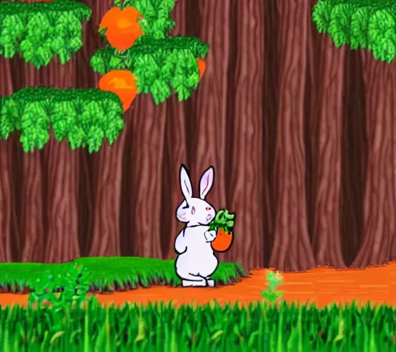 Prompt: a bunny holding a carrot in a forest, screenshot of a 1994 PS1 game