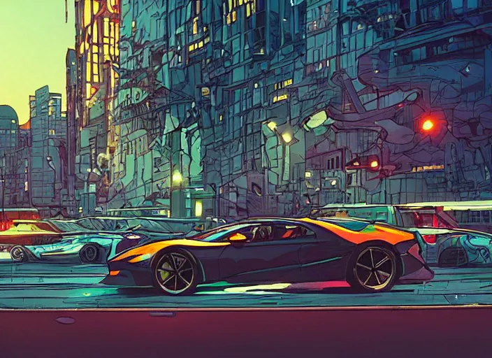 Image similar to a sport car in a city, sharp focus. cinematic pose, cinematic lighting, art by josan gonzales and moebius and deathburger.