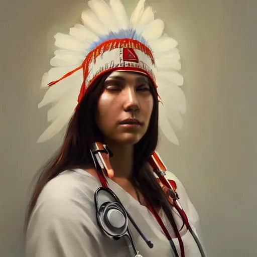 Image similar to Portrait of a Modern Native American Goddess as a nurse, white lighting, digital art by Ruan Jia and Mandy Jurgens and Artgerm, highly detailed, trending on artstation, award winning,