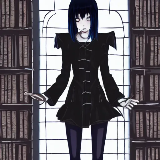 Prompt: 1 7 - year - old goth girl, black hair, long bob cut, long bangs, gothic coat, gloomy library, deep blue lighting, old library, sense of space, strong lighting, strong shadows, vivid hues, ultra - realistic, sharp details, subsurface scattering, intricate details, hd anime, 2 0 1 9 anime