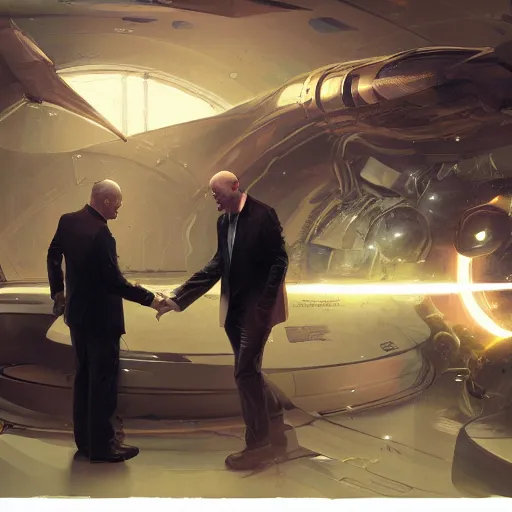 Image similar to illustration of a meeting between elon musk, mark zuckenberg, jeff bezos, very clear face, high quality, very detailled, by artgem, greg rutkowski, ruan jia