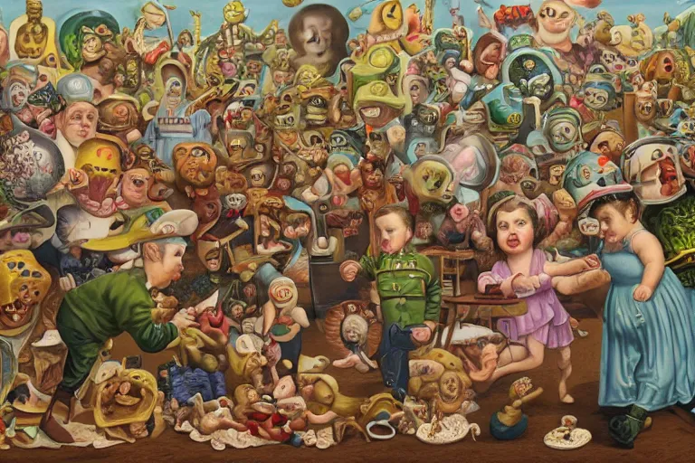 Image similar to a strange battle in an old hospital between old people and babies Robert Williams Mark Ryden and Alex Gross, Todd Schorr highly detailed