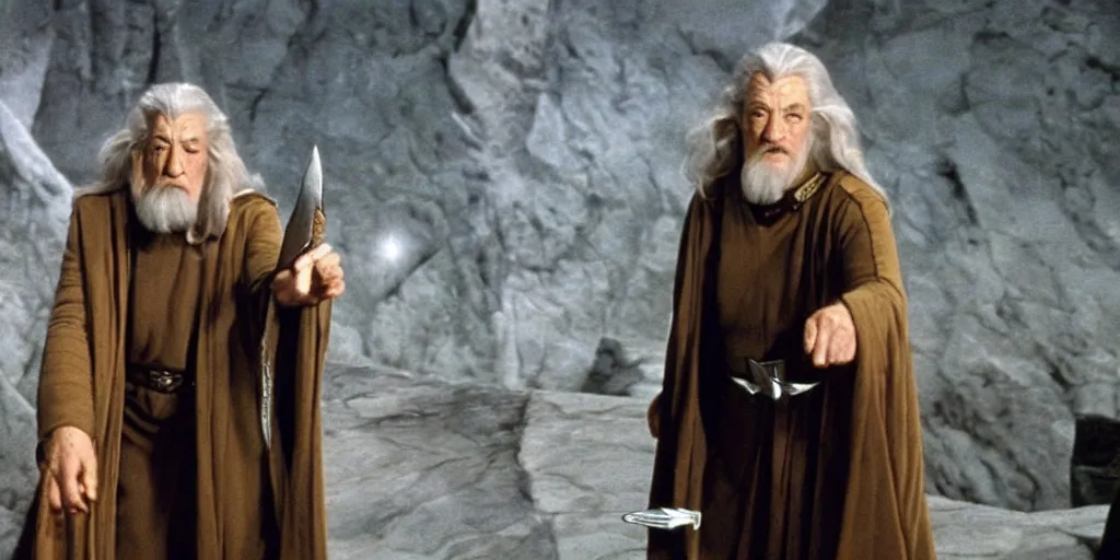 Image similar to Gandalf in the role of Captain Kirk in a scene from Star Trek the original series