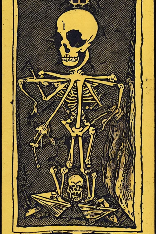 Image similar to tarot card of a king’s skeleton sitting on a decaying throne, ornate, gold foil, intricate design, detailed