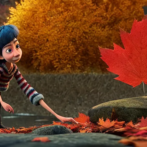 Image similar to a stopmotion animation character, a beautiful canadian woman, pulling weeds out frantically, some grey hair, stripey pants, canadian maple leaves, mountains, autumn, octane render, 8 k, kubo and the two strings, jan svankmayer, disney, pixar,