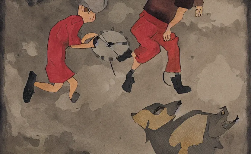 Prompt: a boy fighting a wolf on the edge of a clocktower, storybook, muted colors, gouache, flat, sharp edges, print