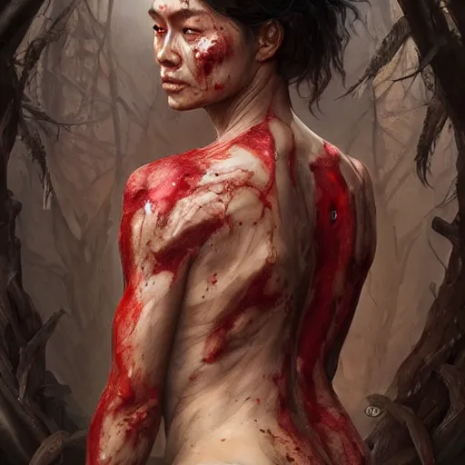 Image similar to portrait painting of a muscular bloodied nepali female butcher back, ultra realistic, concept art, intricate details, eerie, highly detailed, photorealistic, octane render, 8 k, unreal engine. art by artgerm and greg rutkowski and alphonse mucha