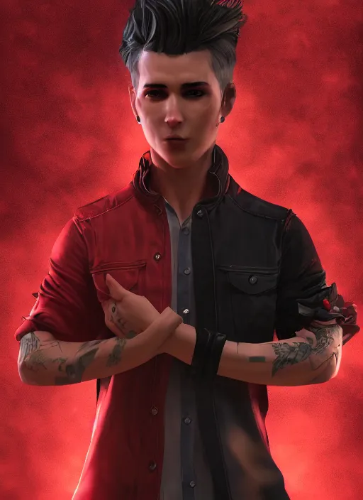 Image similar to An epic fantasy comic book style portrait painting of a young man with black and red cowlick undercut haircut, wearing a red shirt, black overcoat, blue jeans. Unreal 5, DAZ, hyperrealistic, octane render, cosplay, RPG portrait, dynamic lighting