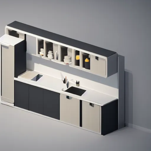 Image similar to isometric minimalistic chubby kitchen, c 4 d style, 1 0 0 mm, depth of field, octane render, studio lighting