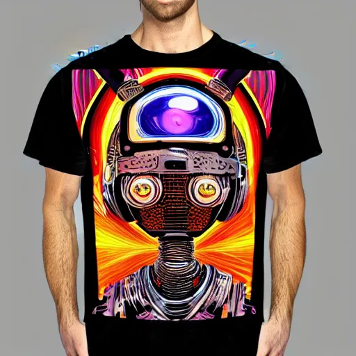 Image similar to black tshirt with a hyperdetailed portrait of a trippy diesel punk robot, 8 k, symetrical, flourescent colors, halluzinogenic, multicolored,