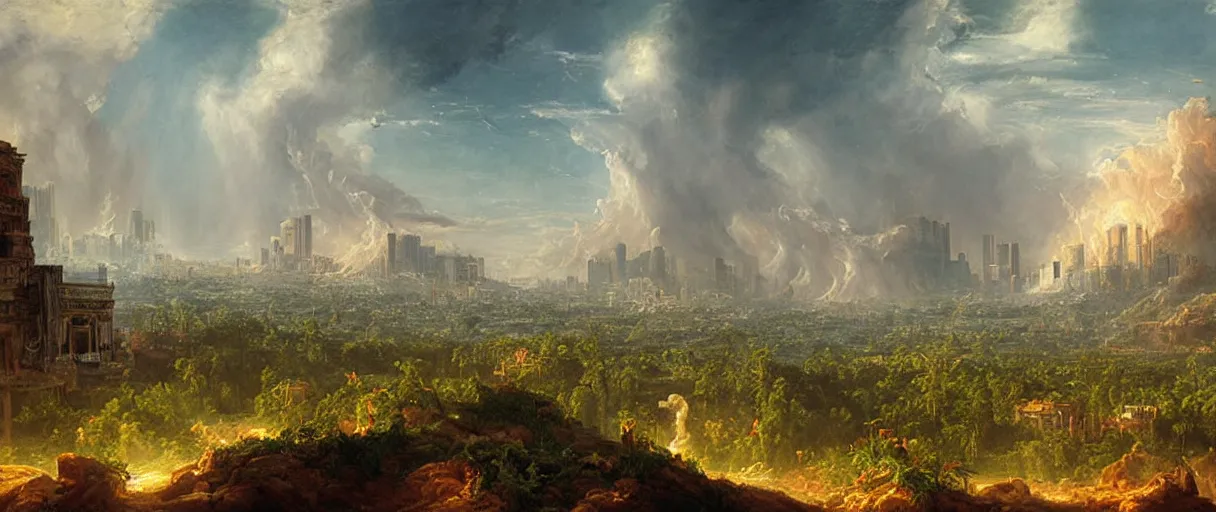 Image similar to a highly detailed painting of a post apocalyptic la in the style of thomas cole