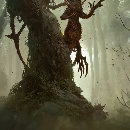 Image similar to a rat creature, in the shape of a tree, in a corrupted forest, by greg rutkowski, trending on art station, highly detailed, magic the gathering, matte painting