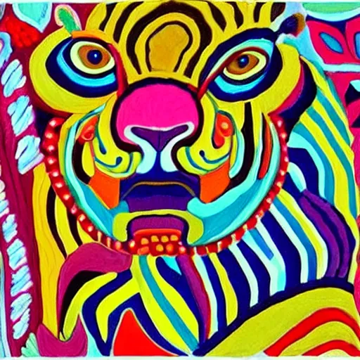 Prompt: an image of a tiger wearing a headdress, a detailed painting by Laurel Burch, pinterest contest winner, psychedelic art, detailed painting, made of beads and yarn, outlined art