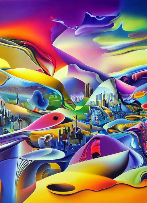 Prompt: an extremely high quality hd surrealism painting of a 3d galactic neon complimentary-colored cartoon surrealism melting optically illusiony high-contrast zaha hadid surreal cityscape by kandsky and salvia dali the second, salvador dali's much much much much more talented painter cousin, clear shapes, 8k, realistic shading, ultra realistic, super realistic