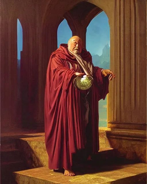 Image similar to A lawful good dnd wizard, he wears robes. Award winning oil painting by Thomas Cole and Wayne Barlowe. Highly detailed