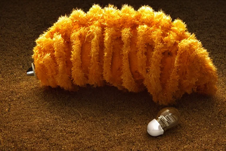 Image similar to a giant grub with a lightbulb on its tail, high resolution film still, HDR color, 8k