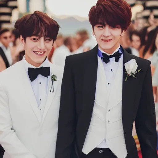 Prompt: jungkook and taehyung of bts getting married in las vegas, 8 k, ultra realistic, closeup