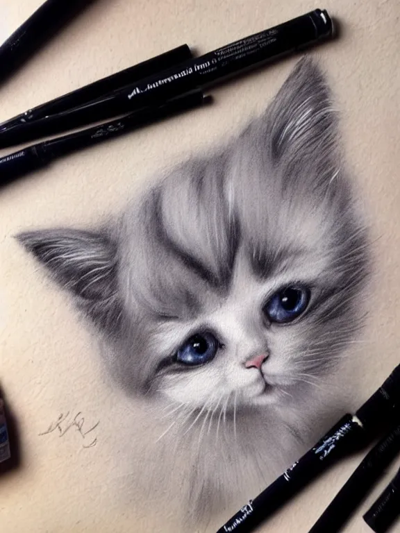 Prompt: A cute kitten made from clouds, by artgerm, beautiful, mixed media on toned paper, 2021, very detailed, coffee art