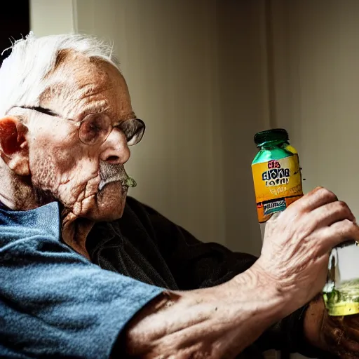 Prompt: An elderly man intensely drinking mayonnaise straight from the bottle, dramatic lighting