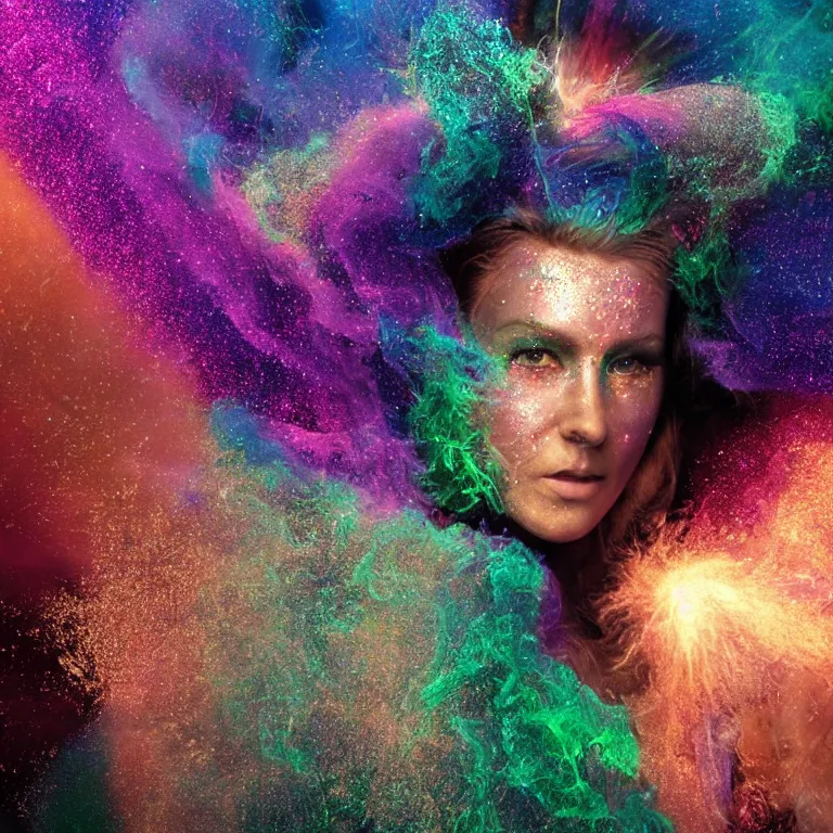 Image similar to 1 9 7 0's octane render portrait by wayne barlow and carlo crivelli and glenn fabry, the face of a beautiful woman wearing dramatic colorful iridescent glittery facepaint surrounded by colorful smoke and explosions and chunks of rock rubble, volumetric lighting and light rays, cinema 4 d, ray traced lighting, very short depth of field, bokeh