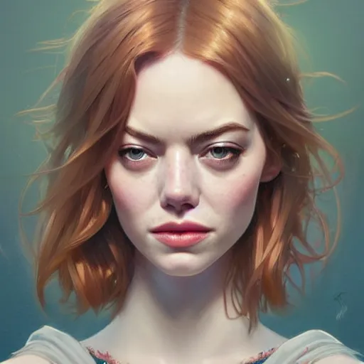 Image similar to beautiful natural mixture of Emma Stone and Emma Roberts, intricate, elegant, highly detailed, digital painting, artstation, concept art, smooth, sharp focus, illustration, art by artgerm and greg rutkowski and alphonse mucha and loish and WLOP