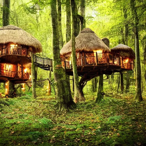 Image similar to a professional photograph of a treehouse village in a forest covered in fairy lights, HD, high quality, highly detailed, award-winning