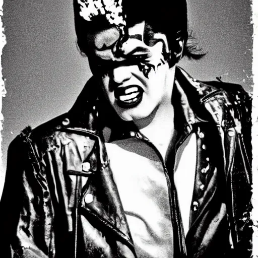 Image similar to Frankenstein's Monster as Elvis Presley. Elvis Presley as Frankenstein's Monster. Handsome monster. Beatnik monster. Rock 'n' Roll monster.