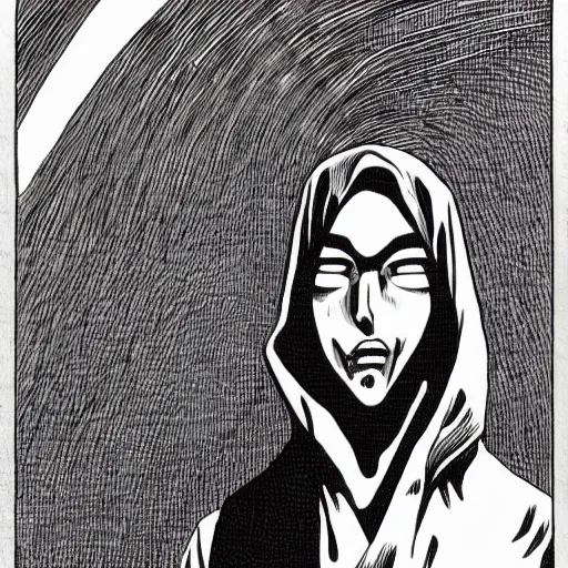 Image similar to hooded man with masked face, junji ito,