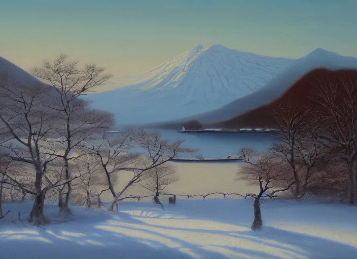 Image similar to hokkaido in winter, japan in the style of hudson river school of art, oil on canvas